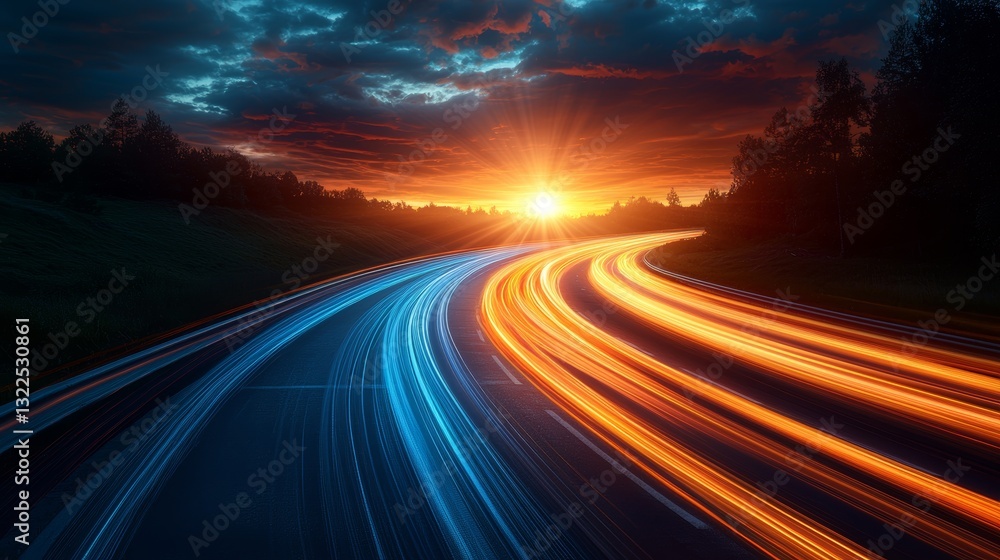 Poster on a dark background, modern abstract high-speed movement is captured with dynamic motion light trai