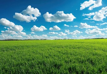 Lush Green Field Under Bright Blue Sky with Fluffy White Clouds and Expansive Horizon on a Clear Day Capturing Nature&rsquo;s Beauty and Serenity