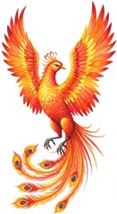 Fototapeta premium Vibrant phoenix soars with fiery wings and majestic plumage against a white background