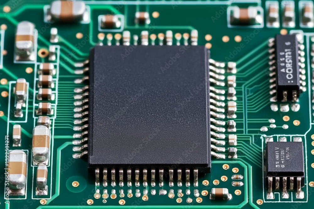 Poster close up of a computer chip with a black chip on it