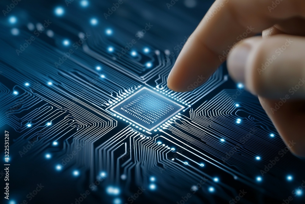 Poster hand is pointing at a computer chip