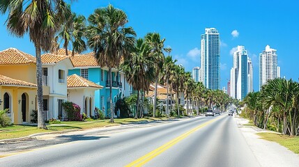 Tropical coastal street scene with colorful houses and modern skyscrapers in the background