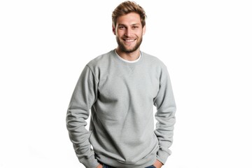 Obraz premium Young man in oversized sweatshirt, isolated on gray background