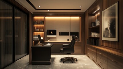 A modern and luxurious office interior is beautifully illuminated