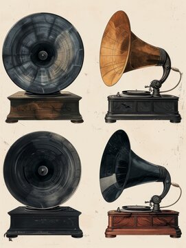 Set of four black and white vintage gramophone logos with minimalistic flat design