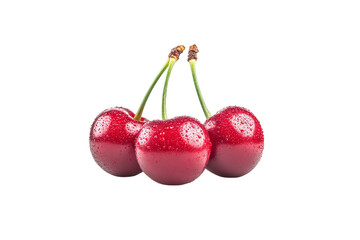 Three red cherries are sitting on a white background, isolated