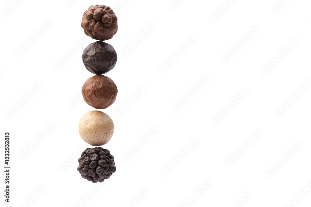 Poster row of five different colored chocolates stacked on top of each other, isolated