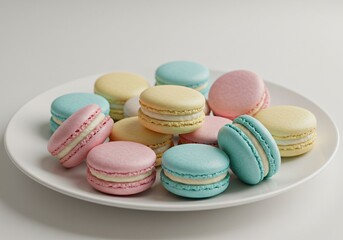 Obraz premium Delicious macarons, delicious macarons, delicious food, delicious snacks, Pastel-colored macarons elegantly arranged on a ceramic plate