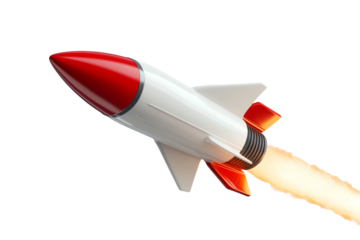 Rocket is flying through space with a red nose, isolated