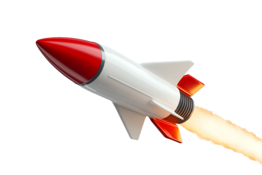 Rocket is flying through space with a red nose, isolated