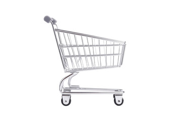 Shopping cart with a silver handle and wheels, isolated