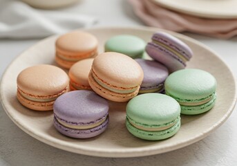 Obraz premium Delicious macarons, delicious macarons, delicious food, delicious snacks, Pastel-colored macarons elegantly arranged on a ceramic plate