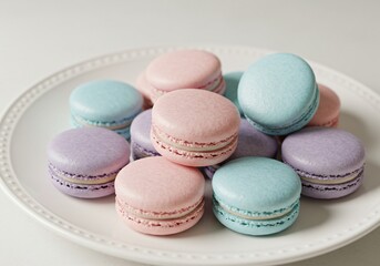 Obraz premium Delicious macarons, delicious macarons, delicious food, delicious snacks, Pastel-colored macarons elegantly arranged on a ceramic plate