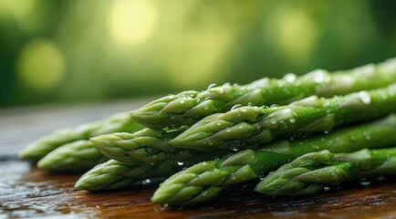 A close-up of fresh asparagus on a wooden surface.