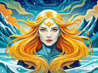 vector of  A breathtaking portrait of a woman with flowing golden hair, surrounded by a mystical snowy landscape. Her ethereal beauty and enchanting gaze evoke a