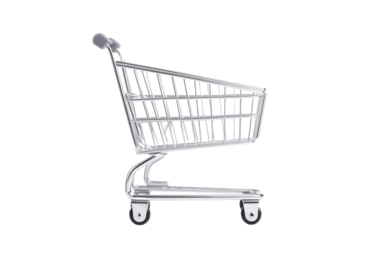 Shopping cart with a silver handle and wheels, isolated