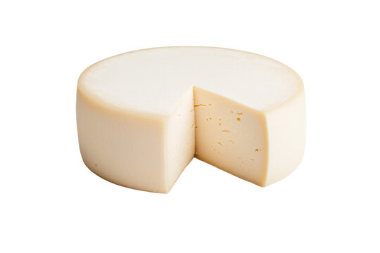 Slice of cheese is cut in half, revealing the creamy interior, isolated