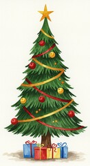 Festive christmas tree with decorations and wrapped gifts