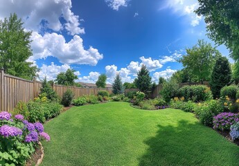Obraz premium Lush Green Garden with Colorful Flowers Under Bright Blue Sky and Fluffy White Clouds in Picturesque Outdoor Landscape