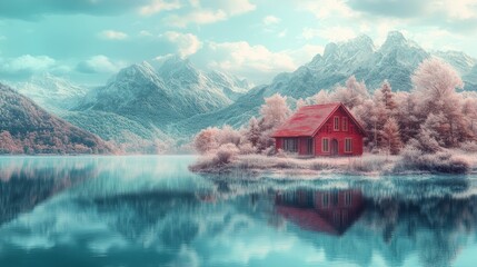 Fototapeta premium A small red cabin rests near a serene lake and tall mountains