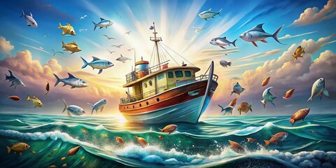 Naklejka premium Abundant Seafood Harvest: Fishing Boat Overflowing with Fish at Sea