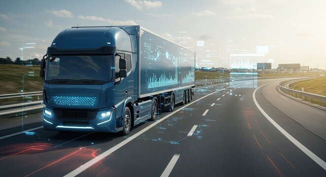 Futuristic autonomous truck on highway with digital data overlay