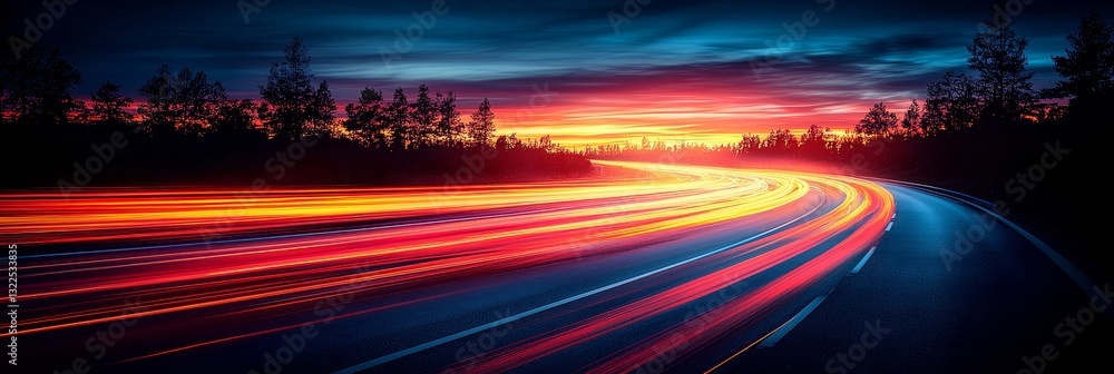 Poster in the heart of the city, nighttime traffic moves swiftly, creating motion blur as illuminated stree