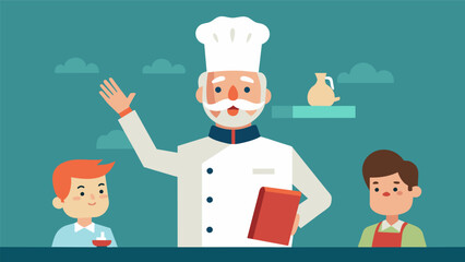 A retiree who spent decades as a chef in a famous restaurant now teaching culinary arts to aspiring chefs.. Vector illustration