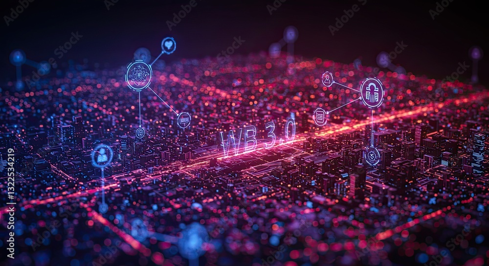 Poster web 3.0 digital network city: futuristic blockchain technology landscape with ai and iot connections