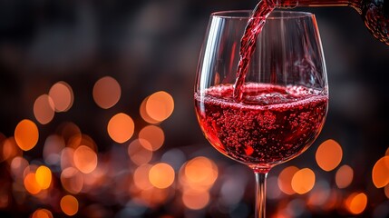 Red wine is poured into a glass in slow-motion. The scene depicts an evening celebration with moderate drinking