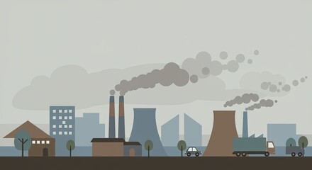 Industrial landscape with factories and vehicles against urban skyline