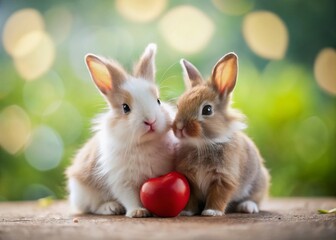 Fototapeta premium Adorable Couple of Curious Baby Rabbits with Red Heart - Bokeh Background Stock Photo
