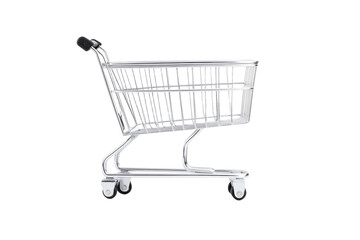 Silver shopping cart with black handles, isolated