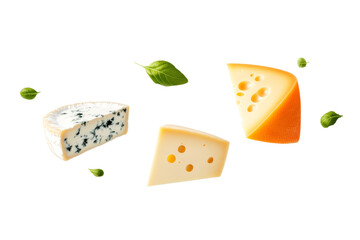 Three different types of cheese are shown with green leaves in the background, isolated