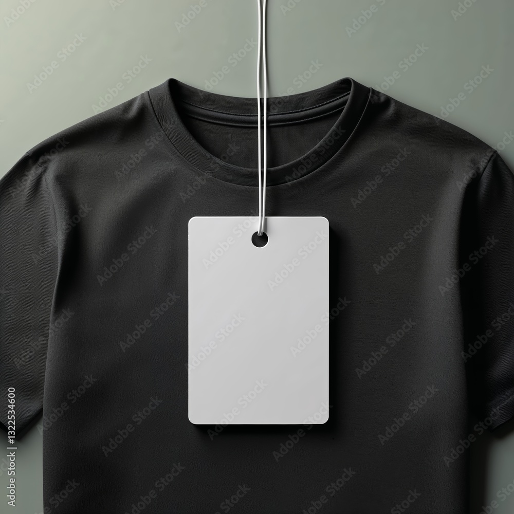 Poster classic black t-shirt displayed with a blank tag hanging from a string in a minimal setting, emphasi