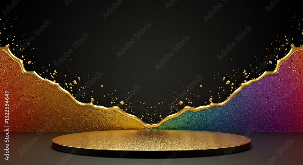 Poster elegant gold splash on colorful background with textured platform