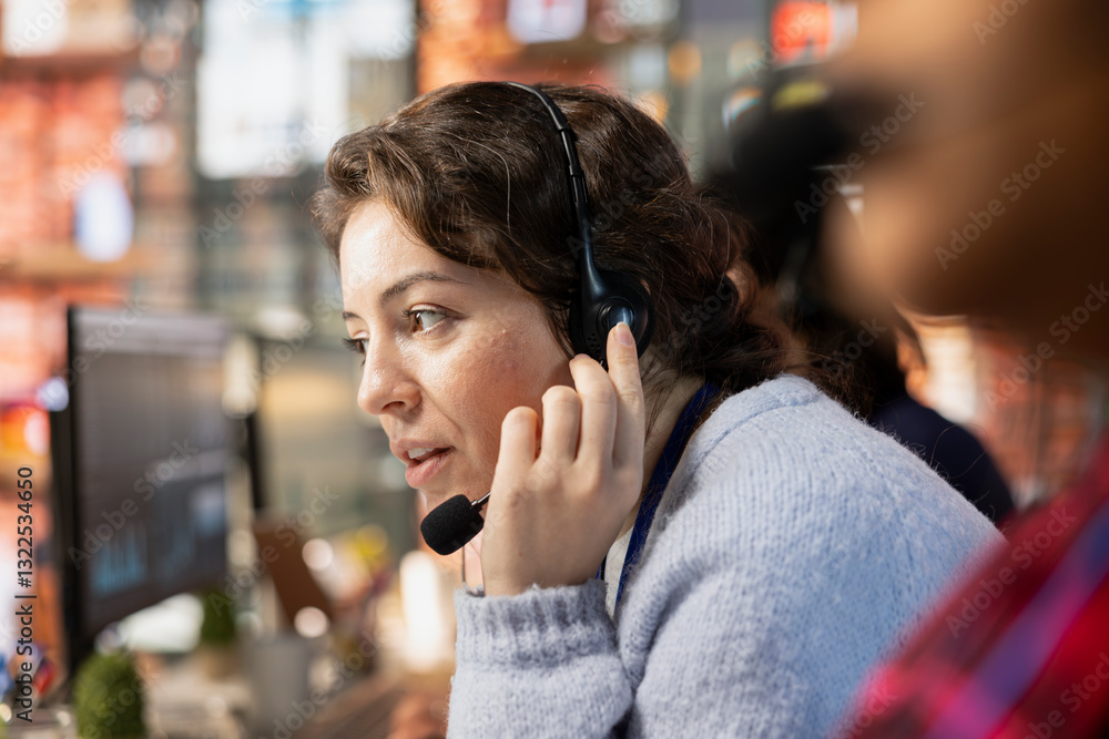 Poster customer service employee talking in headset mic, tracking support ticket in dedicated company softw
