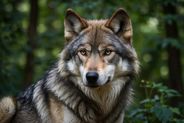 Fototapeta premium A Close-up portrait of a wild gray wolf with sharp features, beautifully captured against a blurred forest background. Highlights the animal's majestic character and connection to woodland environment