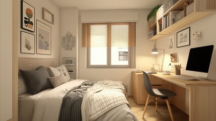 A well decorated small bedroom featuring a desk and bed