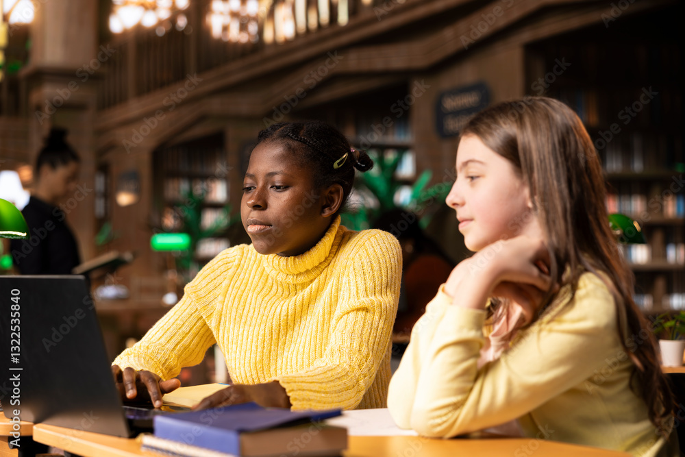 Poster diverse pupils at a public library attending a video conference webinar lesson, enjoying an online c