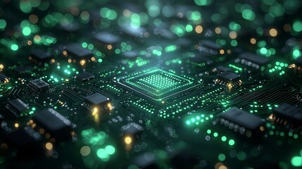 Obraz premium Futuristic digital technology banner with an abstract circuit concept on a green and blue background, emphasizing innovation, future data, the internet network, AI big data, and futuristic WiFi