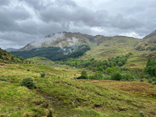 Obraz premium View of mountain and forest landscape in Glenfinnan, Scotland. Green hills and trees, and a scenic valley under a cloudy sky on a spring day.