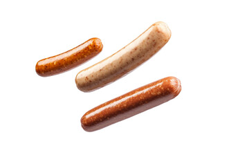 Three hot dogs are shown in the air, with one of them being a sausage, isolated