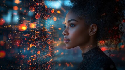 From the side, a portrait of a black female with a tech pattern overlay, depicting her as a diverse cyber security analyst examining the stock market and the future of AI in an inclusive workplace