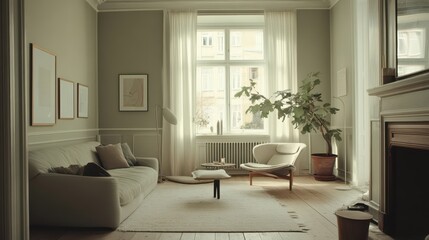 A modern living room showcases comfortable furniture and natural elements