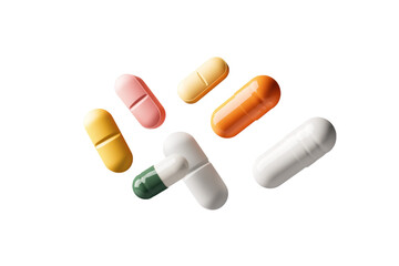 Close up of a variety of pills, including some that are multicolored, isolated