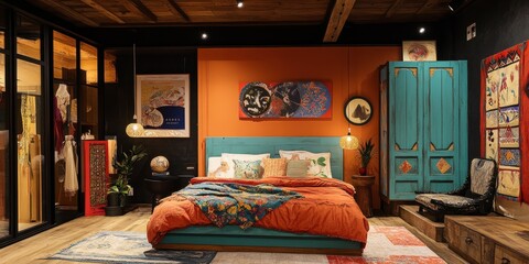 A colorful bedroom showcases comfortable furnishings and artistic wall decor