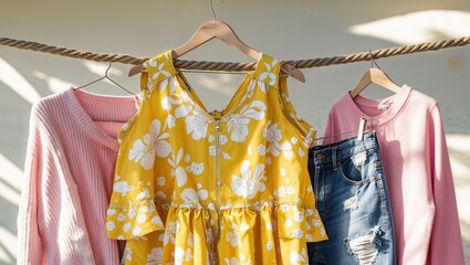 Colorful summer clothing displayed on hangers with natural lighting in a bright outdoor setting
