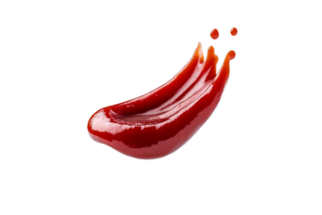 Red sauce is splattered across a white background, isolated