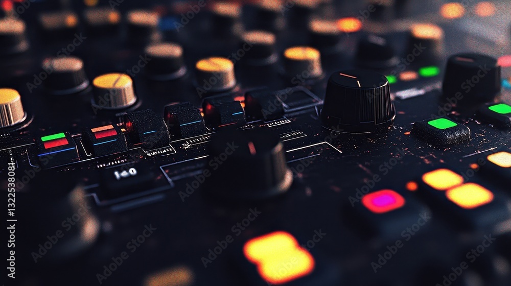Poster close-up of a dj mixer with illuminated controls in a vibrant club setting